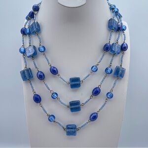 Handmade Multi-Strand Blue Art Glass Beaded Statement Necklace